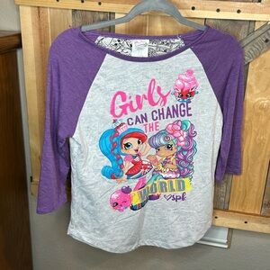 B004. Shopkins Girls Purple White 3/4 Sleeve Polyester Graphic Tee L(10-12)